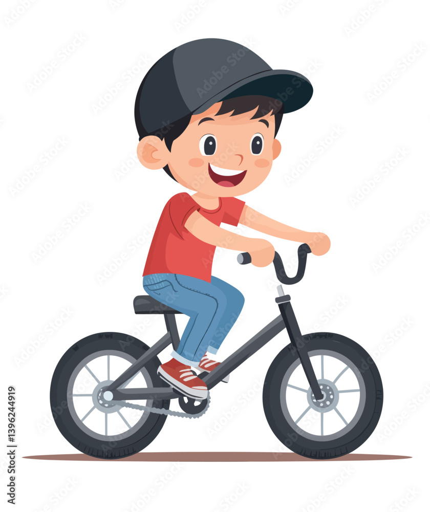 A cheerful youngster is pedaling a bike in a vibrant, contemporary flat artwork