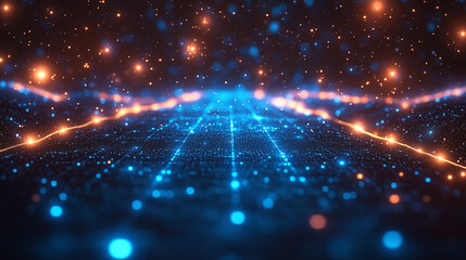 Poster - Futuristic blue grid perspective design with glowing lines and digital lighting symbolizes innovation, connectivity, and the limitless potential of modern high technology landscapes.

