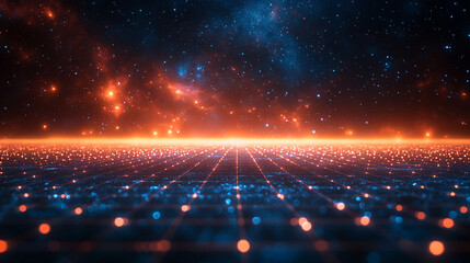 Poster - Futuristic blue grid perspective design with glowing lines and digital lighting symbolizes innovation, connectivity, and the limitless potential of modern high technology landscapes.

