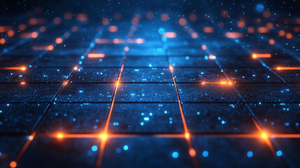 Poster - Futuristic blue grid perspective design with glowing lines and digital lighting symbolizes innovation, connectivity, and the limitless potential of modern high technology landscapes.

