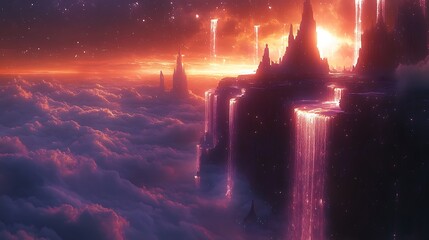 Wall Mural - cascading waterfalls of pure light, seamlessly flowing from floating celestial structures, radiating
