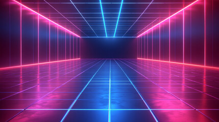 Poster - Futuristic blue grid perspective design with glowing lines and digital lighting symbolizes innovation, connectivity, and the limitless potential of modern high technology landscapes.

