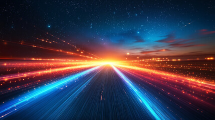 Poster - Futuristic blue grid perspective design with glowing lines and digital lighting symbolizes innovation, connectivity, and the limitless potential of modern high technology landscapes.

