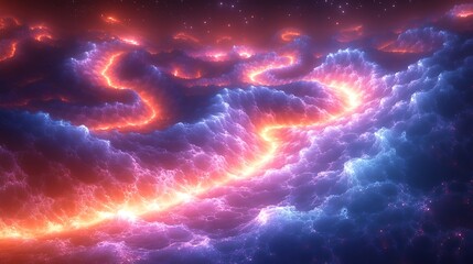 Wall Mural - ethereal waves of iridescent light cascading over an endless fractal landscape, shifting between neo