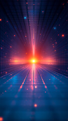 Poster - Futuristic blue grid perspective design with glowing lines and digital lighting symbolizes innovation, connectivity, and the limitless potential of modern high technology landscapes.

