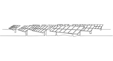 Minimalist solar farm line drawing showcasing renewable energy and sustainability