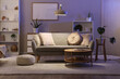 © Pixel-Shot - Interior of living room with grey sofa, table and glowing lamp in evening