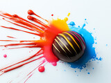 Colorful chocolate sphere on a splattered paint background, showcasing creativity and indulgence in desserts.
