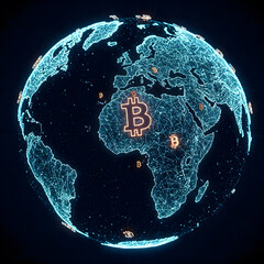 Poster - A glowing digital globe with a network of blue lines and orange Bitcoin symbols over continents, set against a dark background. Generative AI.