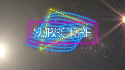 Poster - Neon subscribe text with geometric shapes over swirling blue light animation