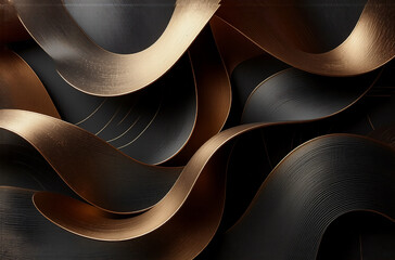 Aufkleber - abstract art featuring flowing, ribbon-like shapes in shades of gold and black, creating a visually 