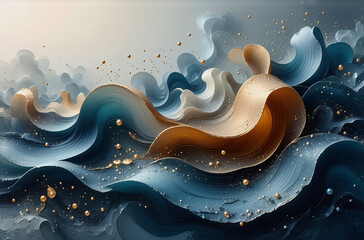 Wall Mural - abstract waves blend blue and gold hues, creating a swirling, dynamic, and elegant design with golde
