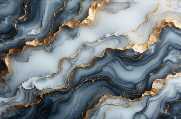 Poster - Elegant abstract art featuring swirling shades of blue and white with golden metallic accents.  This design evokes a sense of luxury and fluid motion, reminiscent of natural stone patterns.