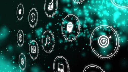 Poster - Animation showing digital icons floating over glowing green particles in background