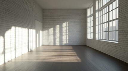Poster - empty modern room white brick walls sunlight wooden floor interior design spacious apartment home re