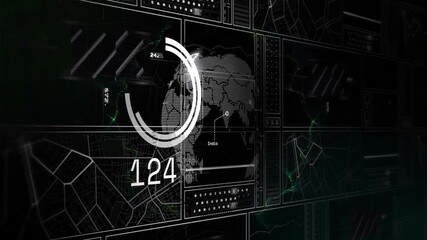 Poster - Animation of futuristic digital world map with data and graphs overlaying interface