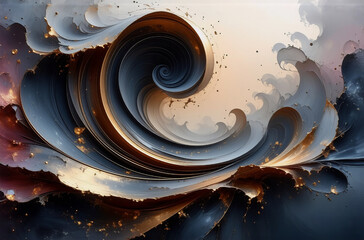 Poster - Elegant swirls of metallic blue and gold paint create a dynamic, abstract design. Fluid forms and smooth textures evoke motion and depth in this artistic composition.