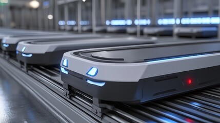 Poster - Futuristic Automated Guided Vehicles Modern Factory Production Line Advanced Technology Robotics Industrial Transportation System Efficient Manufacturing Process Smart Factory Innovation High Tech    