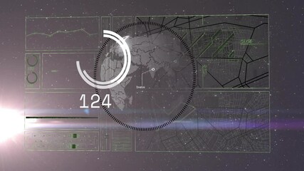 Poster - Digital animation with world map and graphs, processing data in space environment