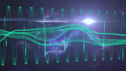 Poster - animation of green waveforms and digital patterns over cosmic background with light