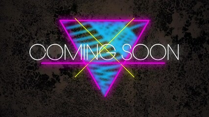 Poster - Animation of colorful triangle with neon Coming Soon text on dark background