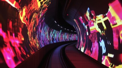 Poster - Inside a highspeed railway tunnel, the vibrant and captivating patterns that adorn the illuminated walls serve to highlight the advanced and modern technology integrated into rail infrastructure