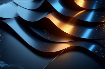 Poster - abstract metallic waves in blue and orange hues cascade in layers, reflecting light and creating a m