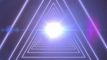 Poster - Glowing light in geometric triangular tunnel with purple hues, creating animation