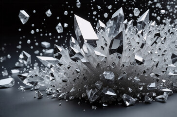 Poster - A cluster of sharp, gleaming crystals explodes outwards against a dark backdrop, with smaller fragments scattering around the base. Reflective and angular.