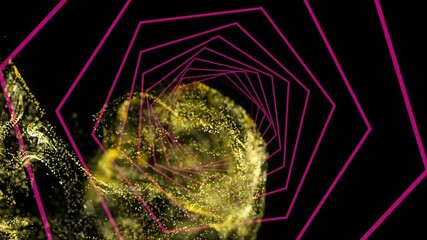 Poster - Swirling golden particles with geometric pink shapes on black background animation