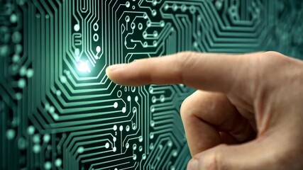 Poster - Human finger pressing on a glowing circuit board, modern technology concept with futuristic design and system connections, innovation and data processing