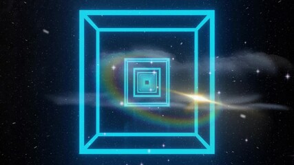 Poster - Animation showing neon blue squares forming tunnel in starry space background