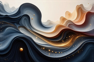 Wall Mural - abstract flowing waves in shades of blue and orange, accented with golden sparkles, create a visuall