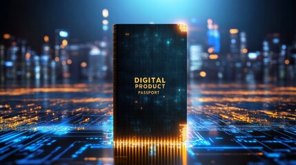 Poster - A digital product passport card brightly stands out in a futuristic, glowing, hightech environment, representing the essence of digital identity, innovation, and advanced technology