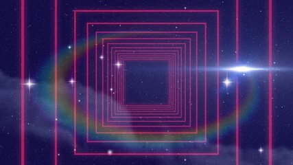 Poster - Animation of neon pink squares forming tunnel over starry galaxy background
