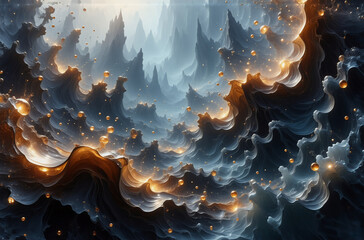 Wall Mural - a dreamy fantasy landscape with ethereal blue mountains and swirling golden-edged clouds under a sof