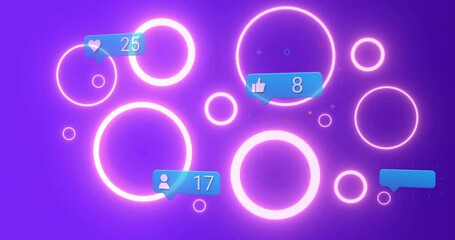 Poster - Animation of glowing circles with social media notifications on purple background