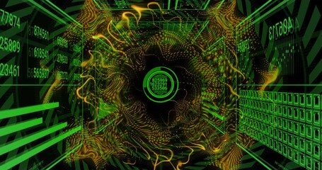 Poster - Glowing green and yellow lines with numbers creating futuristic digital animation