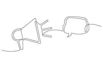 Naklejka na meble Continuous one line drawing of Public horn speaker with bubble. Single line drawing illustration of Megaphone with chat bubble. Balloon dialog speak concept vector art. Doodle line illustration.