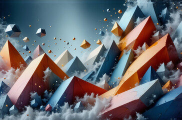 Poster - Abstract geometric composition featuring colorful angular blocks suggesting mountains floating in soft white clouds against a serene blue gradient sky.