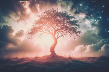 Wall Mural - a solitary tree stands gracefully silhouetted against a dreamy night sky. stars twinkle above soft c