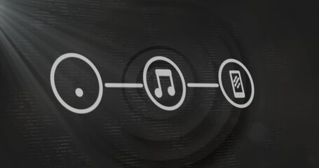 Poster - Animation of connected icons with music note and smartphone on dark background