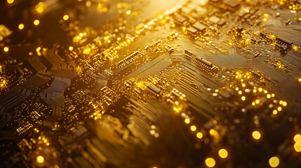 Poster - Close-up of a glowing liquid gold CPU chip on a fluid-like motherboard, symbolizing speed, intelligence, and futuristic technology. A 3D tech concept of data power and digital transformation.

