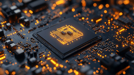 Poster - Close-up of a glowing liquid gold CPU chip on a fluid-like motherboard, symbolizing speed, intelligence, and futuristic technology. A 3D tech concept of data power and digital transformation.

