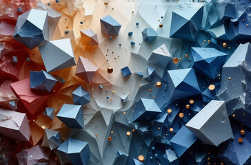 Poster - Scattered geometric polyhedral shapes in cool blues and warm oranges create a vibrant, abstract composition with a textured appearance.