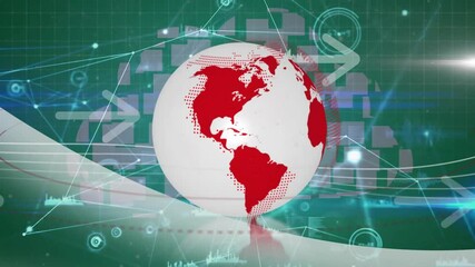 Poster - digital data and network connections on red world map globe, green background
