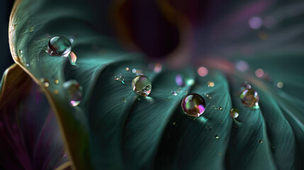 Wall Mural - a cinematic macro shot of a rich emerald leaf with elongated water droplets, dynamic folds and curve