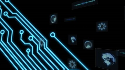 Poster - Animation of glowing circuit lines connecting digital icons on dark background