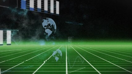 Aufkleber - futuristic animation with digital globe and bar graphs on green grid background