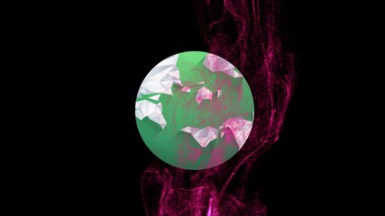 Poster - Green and pink geometric sphere floating over swirling magenta smoke animation